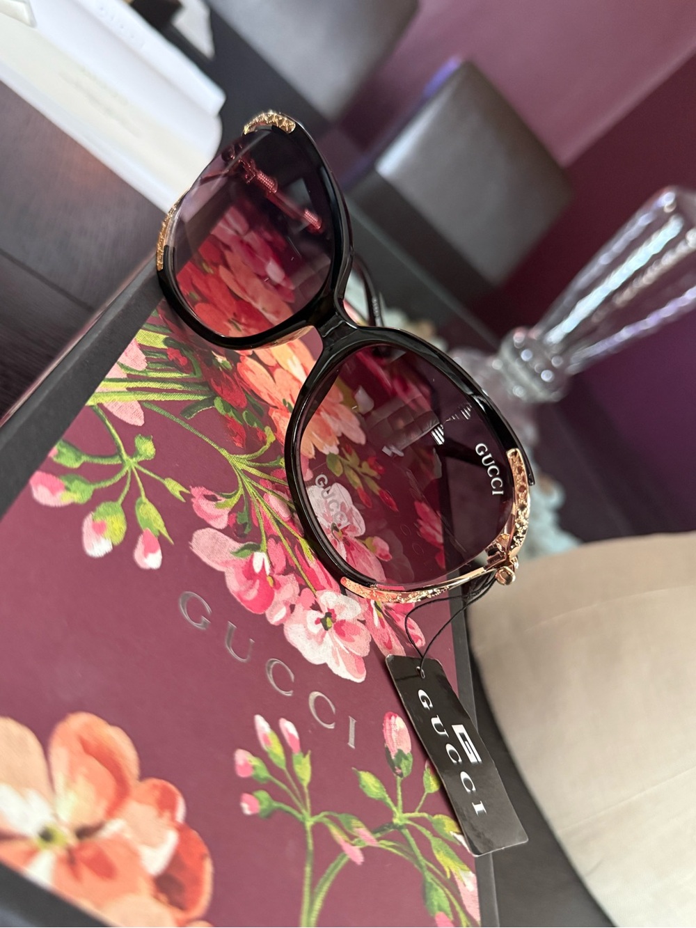 Gucci Oversized Black & Gold Filigree Sunglasses